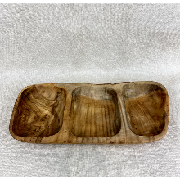 Handmade Olive Wood Serving Tray with 3 Compartments - Picture 1 of 6